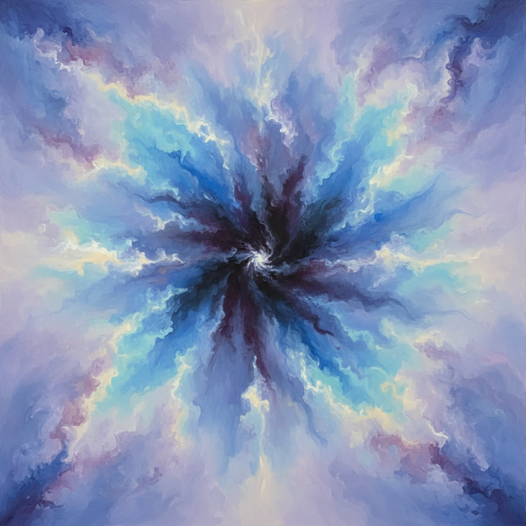 An ethereal, abstract representation of a cosmic re-evaluation, with shadowy, transformative Pluto energy radiating from