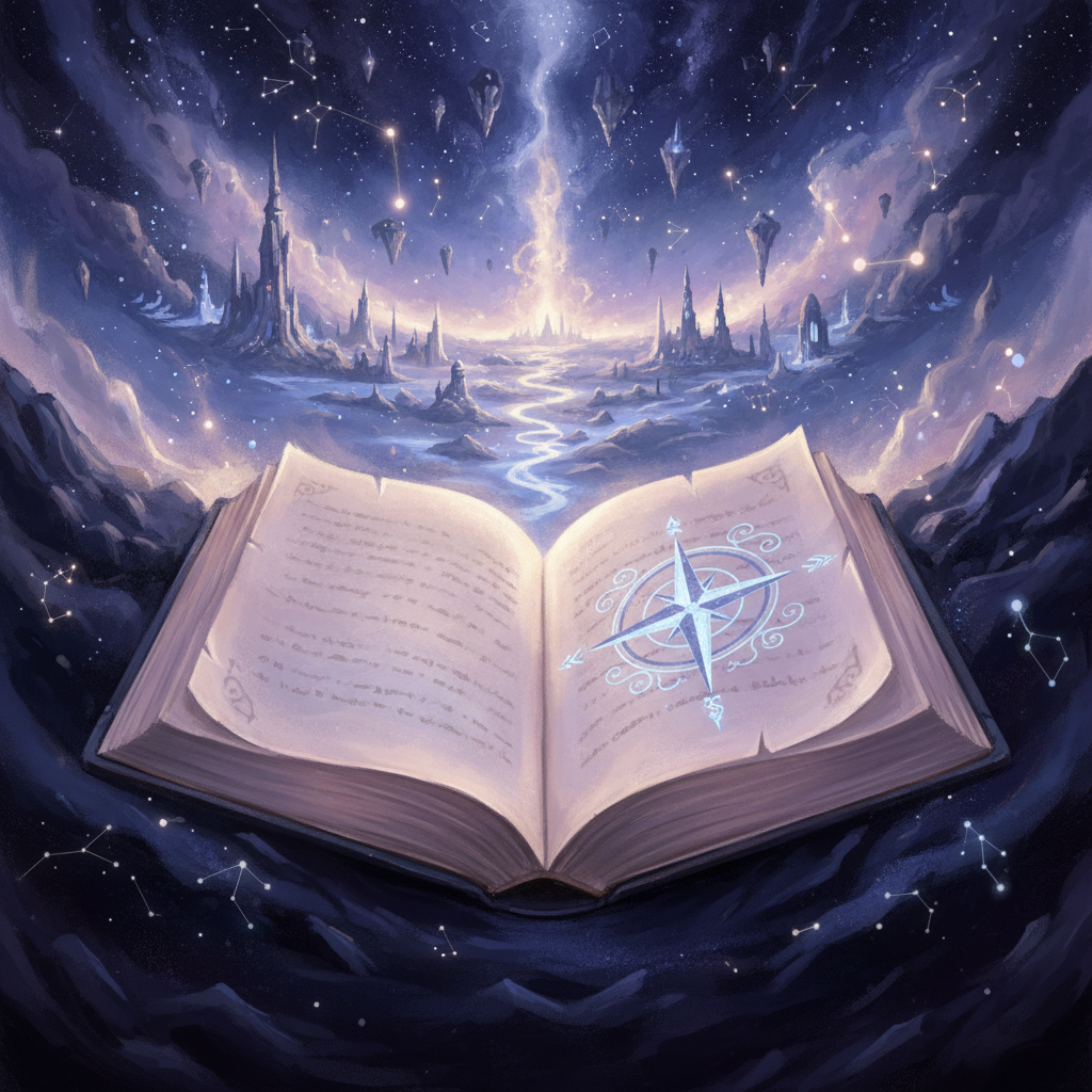 An ethereal, painterly image depicting a vast, open book gently glowing with a soft, otherworldly light, surrounded by s