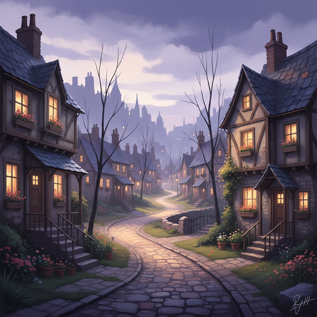 An atmospheric, painterly depiction of a winding, gently-lit path through a cozy neighborhood at dawn or dusk, with soft