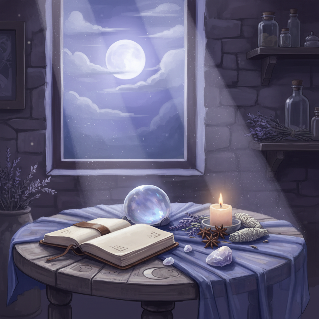 A serene, ethereal image depicting instruments or rituals associated with lunar phases, such as a journal open to a blan