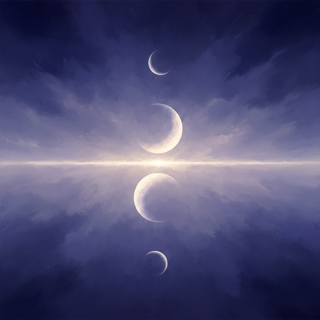 An atmospheric, painterly depiction of a crescent moon subtly moving above and below a central, soft horizon line, indic
