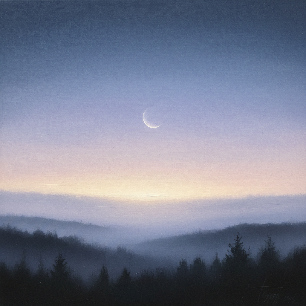 An atmospheric, painterly image of a very thin, barely visible crescent moon just before dawn, against a soft, twilight