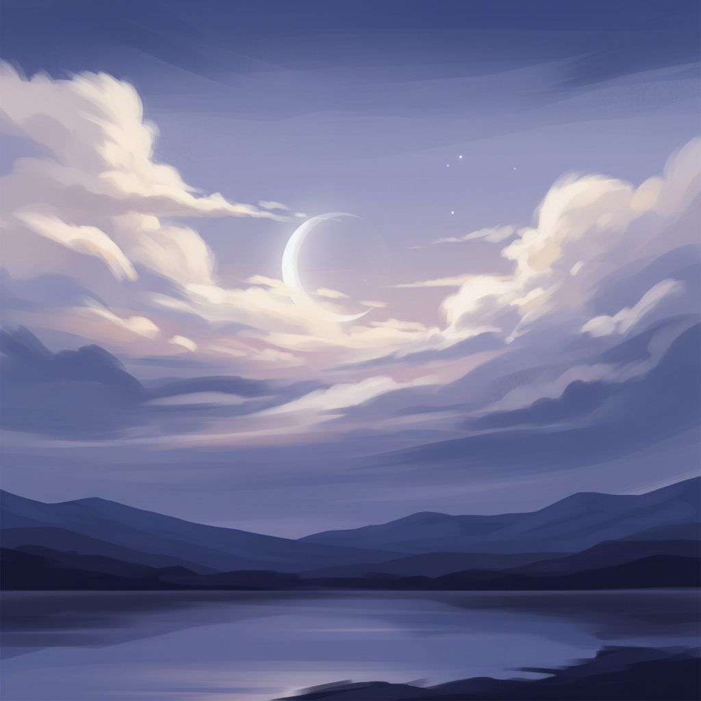 A painterly, atmospheric depiction of a sliver of the moon, barely visible in a twilight sky, set against soft lavender