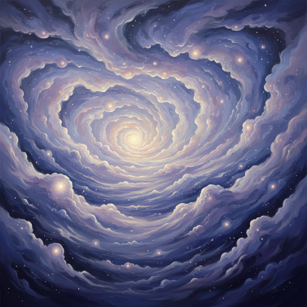 An ethereal, painterly image depicting a deep and mysterious cosmic ocean or a nebula with swirling, soft lavender, indi