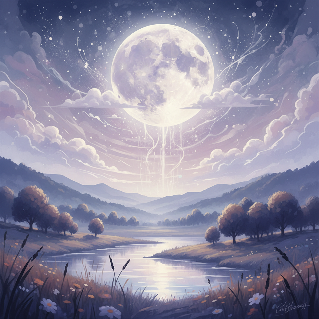 An artistic and ethereal depiction of a Gibbous Moon, casting soft, diffused light over a serene, slightly misty landsca