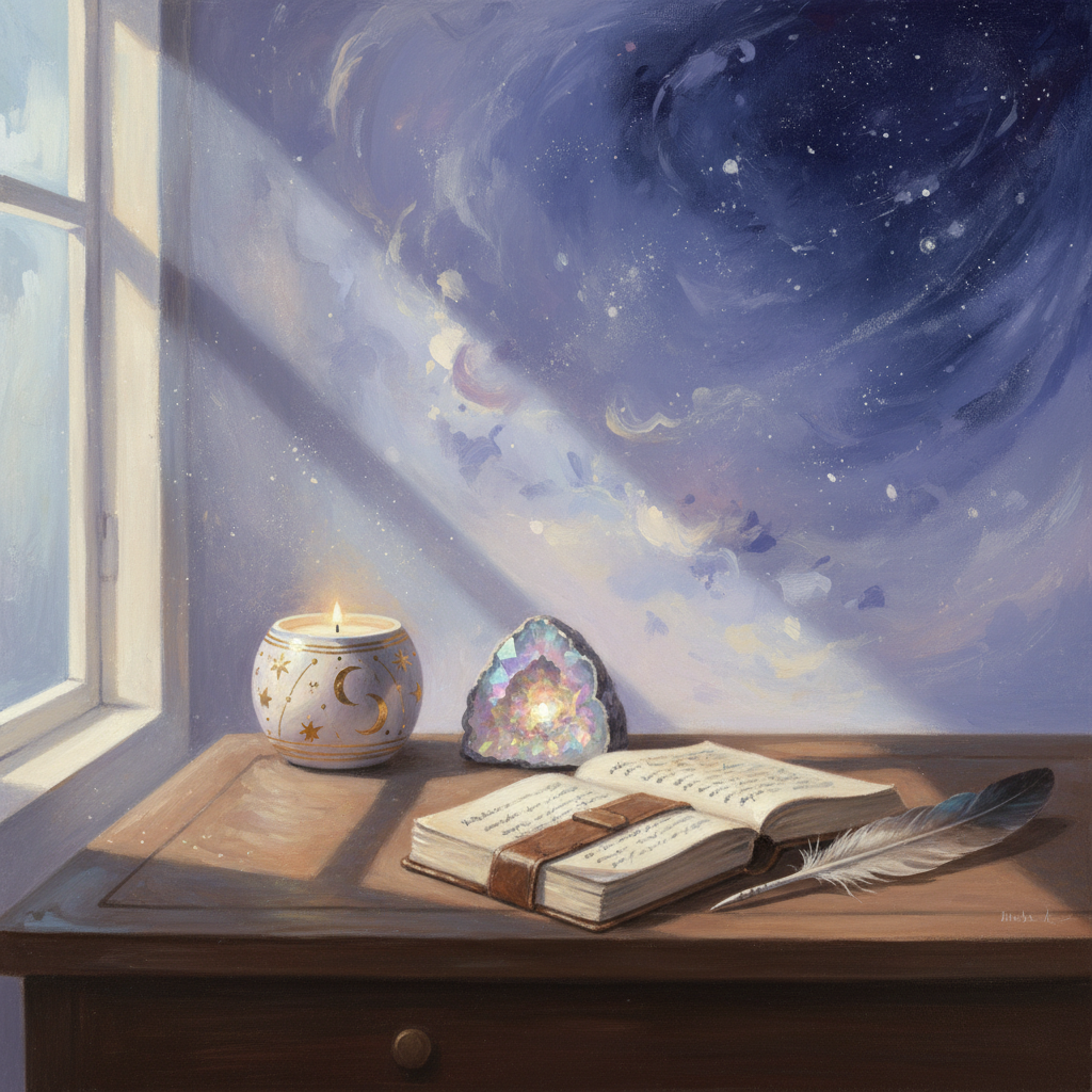 An atmospheric, painterly scene of a vintage desk with an open journal, a quill pen, a delicate crystal, and a celestial
