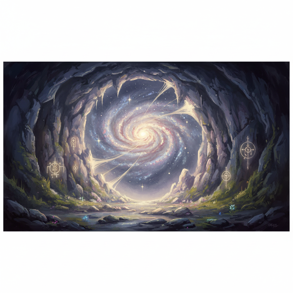 An atmospheric, painterly depiction of a deep, shadowy cave entrance opening into a swirling galaxy, with faint, etherea