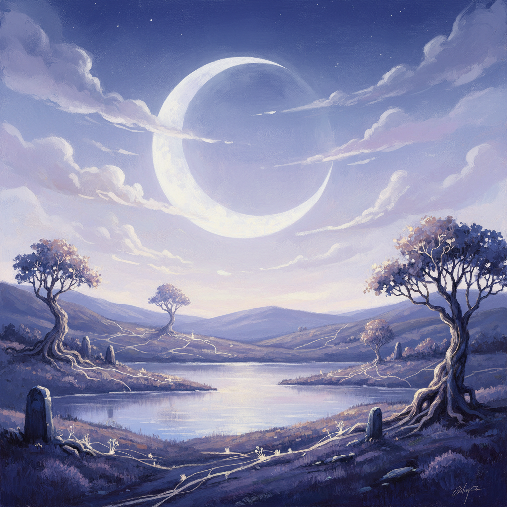 A painterly, atmospheric depiction of a prominent, slightly waning moon, casting a soft, diffuse glow over a serene land