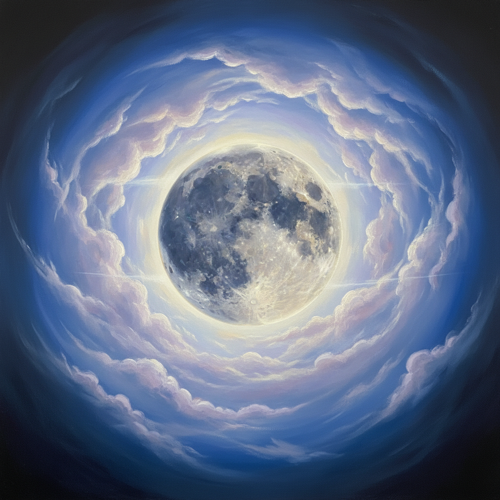 An atmospheric, painterly depiction of a luminous, three-quarters illuminated moon, appearing serene and slightly myster