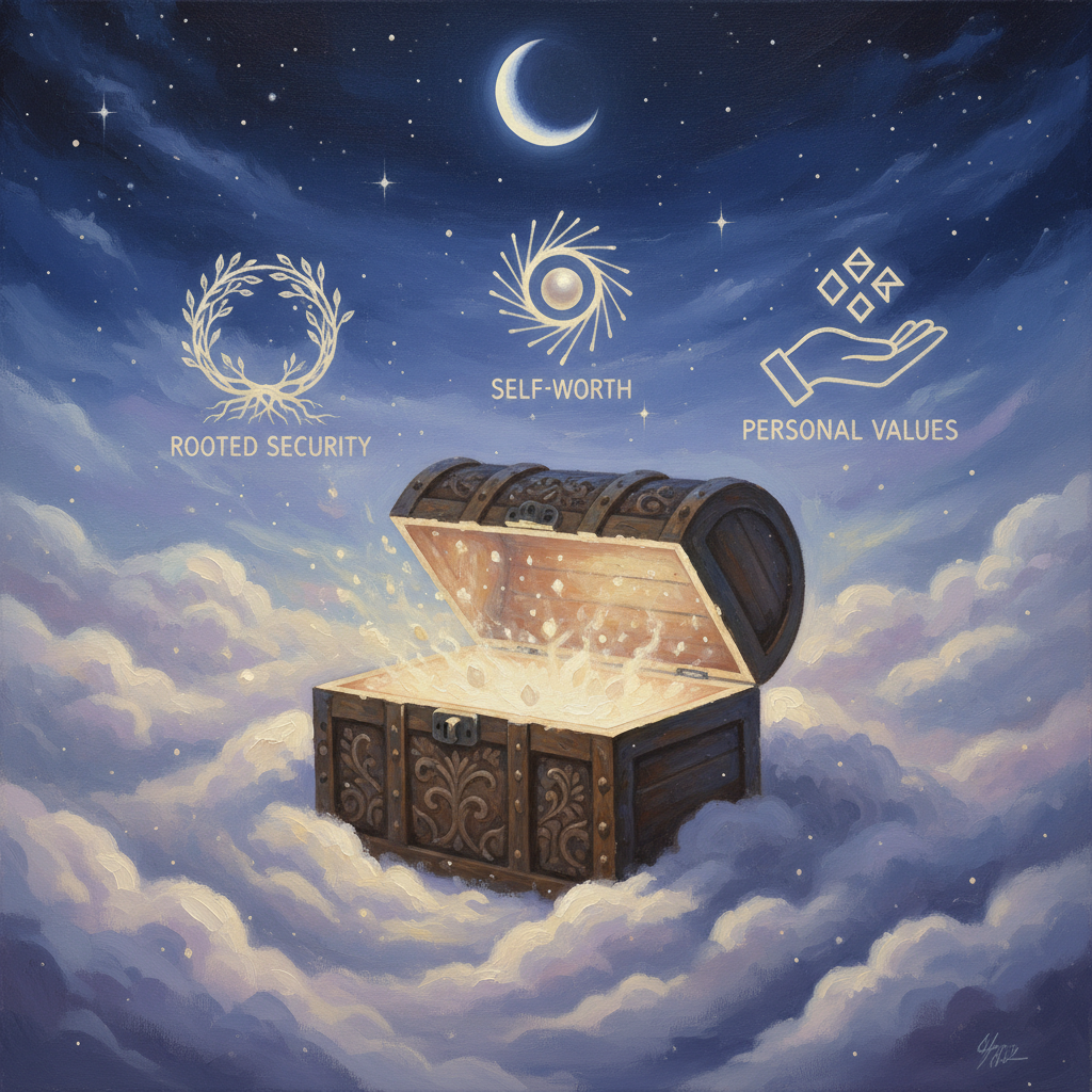 An ethereal, painterly representation of a treasure chest opening to reveal not gold coins, but glowing abstract symbols