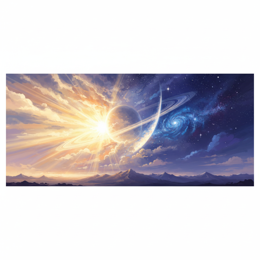 A painterly, atmospheric depiction of a celestial event, half bathed in golden sunlight and half in deep, star-dusted in